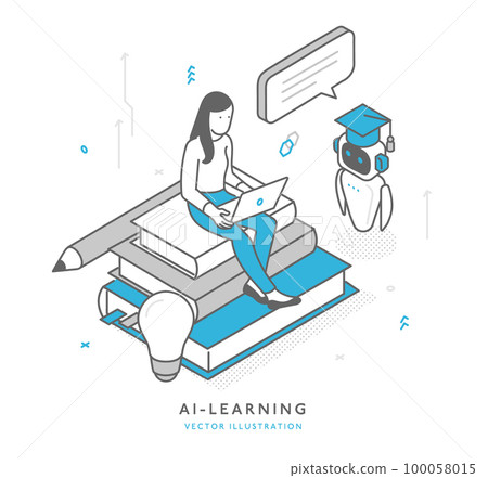 Image illustration material of a woman learning using AI chat service 100058015