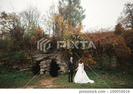 Wedding couple holding hands, groom and bride together on wedding day Wedding couple holding hands, groom and bride together on wedding day 100058016