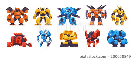 Cyborg android. Cyber robot transformer characters, futuristic soldier in exoskeleton and armor, artificial intelligence electronics flat style. Vector set Cyborg android. Cyber robot transformer characters, futuristic soldier in exoskeleton and armor, artificial intelligence electronics flat style. Vector set 100058849