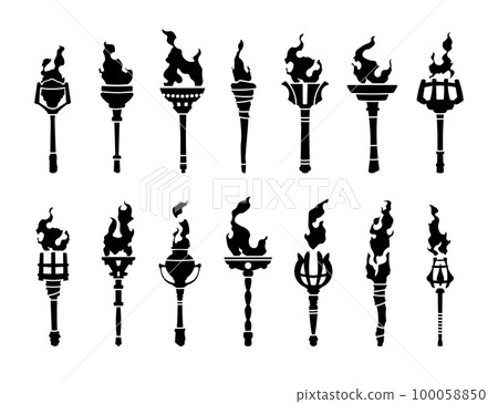 Black torch icons. Medieval burning fire blaze silhouettes, fiery flaming stick icons, liberty achievement championship concept. Vector set Black torch icons. Medieval burning fire blaze silhouettes, fiery flaming stick icons, liberty achievement championship concept. Vector set 100058850