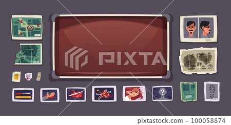 Investigation board set. Police workplace with evidence, detective pinboard with information suspect people fingerprints, crime research. Vector collection 100058874