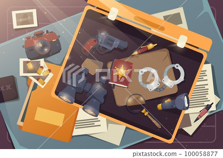 Detective desk. Police investigator workplace with equipment and crime evidence, cop office interior with desktop flat style. Vector isolated set 100058877