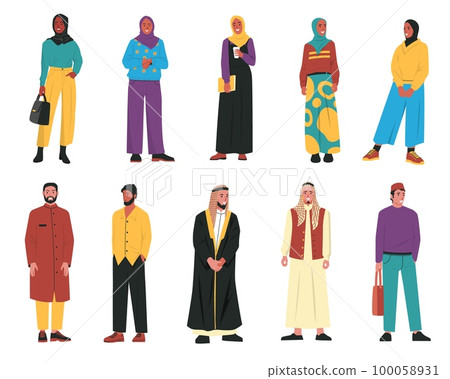 Various arabic people. Cartoon muslim male female characters, persons in traditional arabian clothes, woman in hijab man in islamic headwear. Vector set 100058931