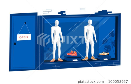 Shoe showcase. Cartoon boxes with stylish footwear in store window, mannequin legs wearing fashionable boots, sale shopping concept. Vector illustration Shoe showcase. Cartoon boxes with stylish footwear in store window, mannequin legs wearing fashionable boots, sale shopping concept. Vector illustration 100058937