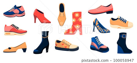 Womens shoes. Different types of stylish female footwear, trendy casual or formal fashionable boots sneakers high heel footgear. Cartoon vector set Womens shoes. Different types of stylish female footwear, trendy casual or formal fashionable boots sneakers high heel footgear. Cartoon vector set 100058947