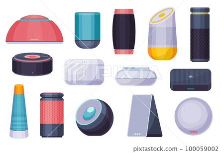 Smart assistant. Wireless home speaker with voice control, interactive electronic device for commands, technology portable gadget. Vector set 100059002