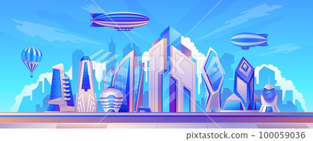 Airship landscape. Futuristic city scene with dirigibles above skyscraper buildings, aerostat in sky horizon, megapolis panorama. Vector illustration 100059036