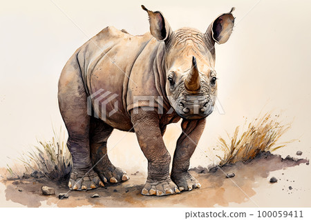 Baby rhino. Aquarelle illustration. Watercolor painting of a cute baby rhino 100059411