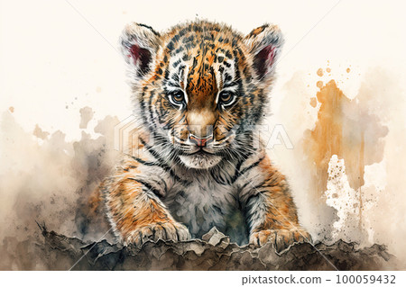 Baby tiger. Aquarelle illustration. Watercolor painting of a cute baby tiger 100059432
