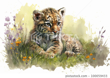 Baby tiger. Aquarelle illustration. Watercolor painting of a cute baby tiger on a blooming meadow 100059433