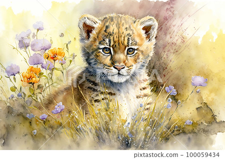 Baby tiger. Aquarelle illustration. Watercolor painting of a cute baby tiger on a blooming meadow 100059434