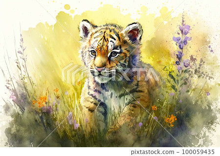 Baby tiger. Aquarelle illustration. Watercolor painting of a cute baby tiger on a blooming meadow 100059435
