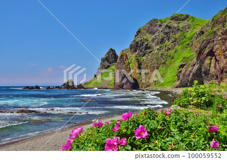 在藍天中閃耀的禮文島地藏岩 在藍天中閃耀的禮文島地藏岩 100059552
