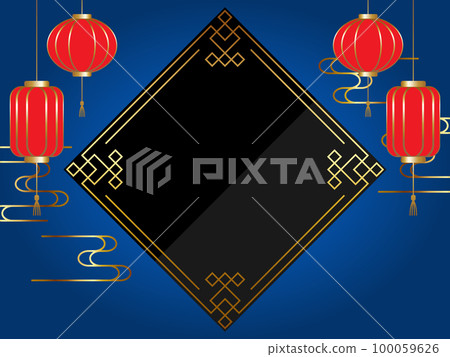 Luxurious Chinese-style lanterns and cloud background horizontal position blue & gold 100059626