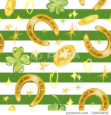 Watercolor St Patrick seamless pattern with clover, rainbow. Coins, shamrock. Irish. Celtic. St Patrick's Day. 100059648