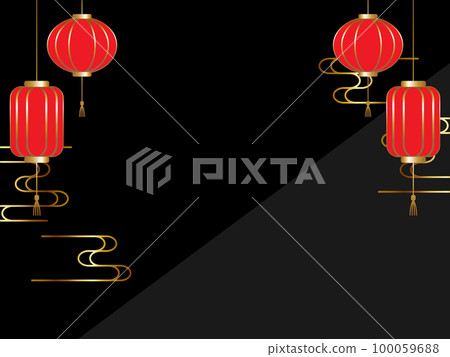 豪華中國式燈籠和雲背景水平位置黑色和金色 100059688