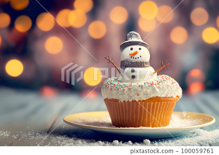 Creative cupcake snowman on the holiday table, copy space. Generative AI illustration 100059761
