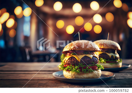 Two delicious burgers of beef, cheese and vegetables on wooden restaurant table. Tasty food close-up. Generative AI illustration Two delicious burgers of beef, cheese and vegetables on wooden restaurant table. Tasty food close-up. Generative AI illustration 100059782