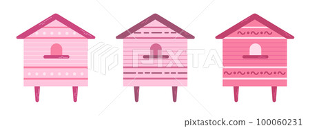 Set with the image of beehives of various shapes and colors. Houses for bees. Simply drawn spring design elements. Set with the image of beehives of various shapes and colors. Houses for bees. Simply drawn spring design elements. 100060231