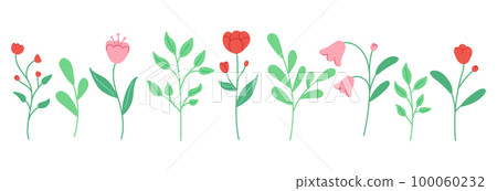 Spring set of flowers on a white background. Simple isolated illustration of flowers and leaves. 100060232