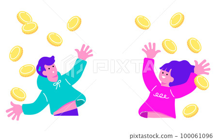 Illustration of men and women surprised by falling coins 100061096