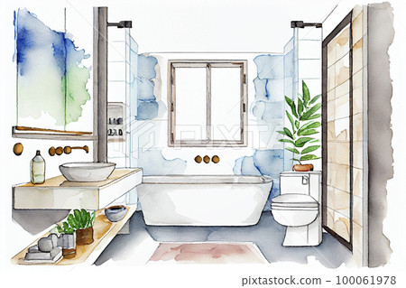 圖像材料：現代浴室（盥洗室）的水彩插圖 100061978