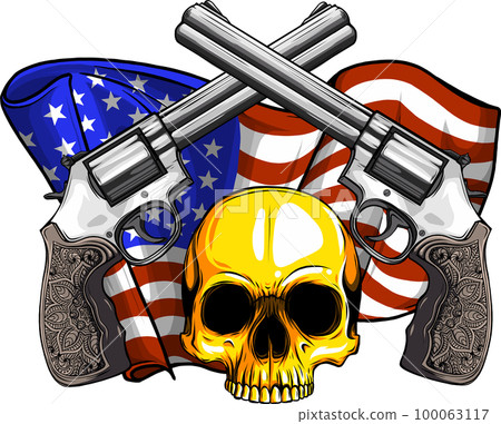 Smiling skull with revolvers with american flag - Stock Illustration ...