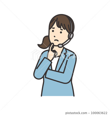 一位女接線員擔心將食指放在下巴上的插圖 一位女接線員擔心將食指放在下巴上的插圖 100063622