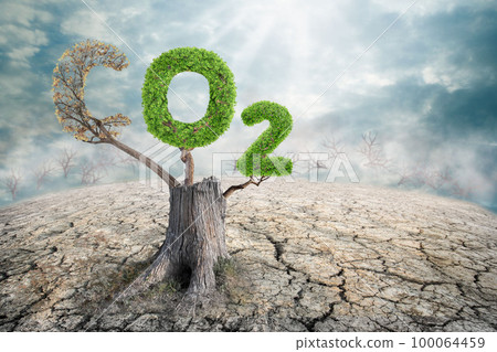 Concept depicting the issue of carbon dioxide emissions and its impact on nature. reduction of the amount of CO2 emissions - concept with removing letter C from CO2 to get oxygen. 100064459