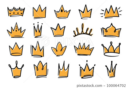 Sketch crowns. Hand drawn king, queen crown and princess tiara