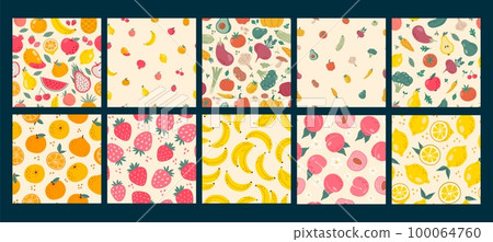 Doodle grocery patterns. Local food vegetables, sweet fruits and berries seamless vector background illustration set Doodle grocery patterns. Local food vegetables, sweet fruits and berries seamless vector background illustration set 100064760