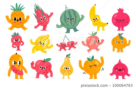 Doodle fruits and berries characters. Funny grocery food mascot with happy cartoon faces vector illustration set 100064763