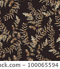 Seamless background: autumn (brown) fern branches on a brown background. Two repeating elements. Watercolor 100065594