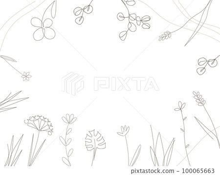 Floral frame with vector doodle hand drawn plants in continuous line style. Abstract contour background. 100065663