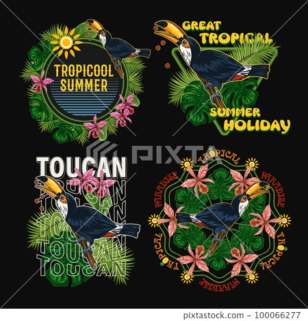 Set of labels with toucan bird, tropical foliage Set of labels with toucan bird, tropical foliage 100066277