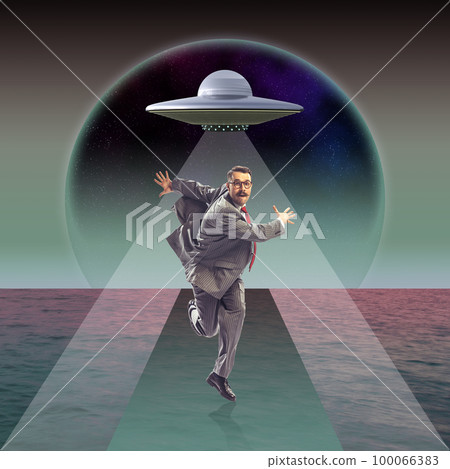 Surreal design in futuristic style. Contemporary art collage. Businessman running away from UFO over abstract background. Diverse worlds 100066383