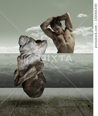 Creative surreal contemporary art collage. Muscular man appearing over cloud texture background. Body like rock. Nature concept Creative surreal contemporary art collage. Muscular man appearing over cloud texture background. Body like rock. Nature concept 100066399