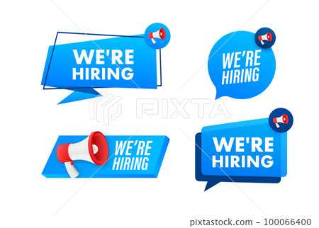 Megaphone label set with text We are hiring. Megaphone in hand promotion banner. Marketing and advertising Megaphone label set with text We are hiring. Megaphone in hand promotion banner. Marketing and advertising 100066400