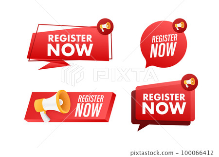 Megaphone label set with text register now. Megaphone in hand promotion banner. Marketing and advertising Megaphone label set with text register now. Megaphone in hand promotion banner. Marketing and advertising 100066412