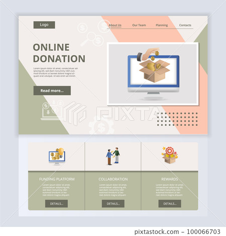 Online donation flat landing page website template. Funding platform, collaboration, rewards. Web banner with header, content and footer. Vector illustration. 100066703