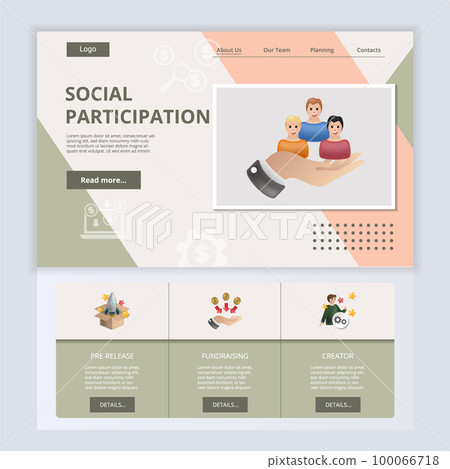 Social participation flat landing page website template. Pre-release, fundraising, creator. Web banner with header, content and footer. Vector illustration. Social participation flat landing page website template. Pre-release, fundraising, creator. Web banner with header, content and footer. Vector illustration. 100066718