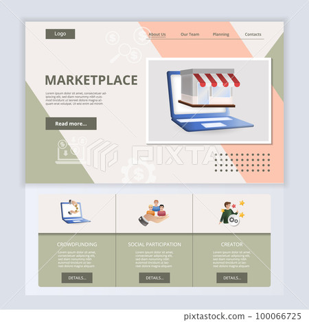 Marketplace flat landing page website template. Crowdfunding, social participation, creator. Web banner with header, content and footer. Vector illustration. 100066725