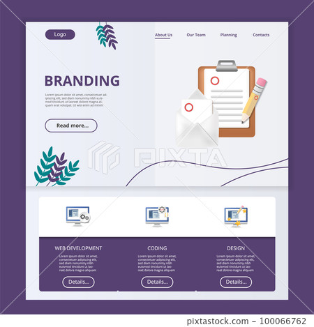 Branding flat landing page website template. Web development, coding, design. Web banner with header, content and footer. Vector illustration. Branding flat landing page website template. Web development, coding, design. Web banner with header, content and footer. Vector illustration. 100066762