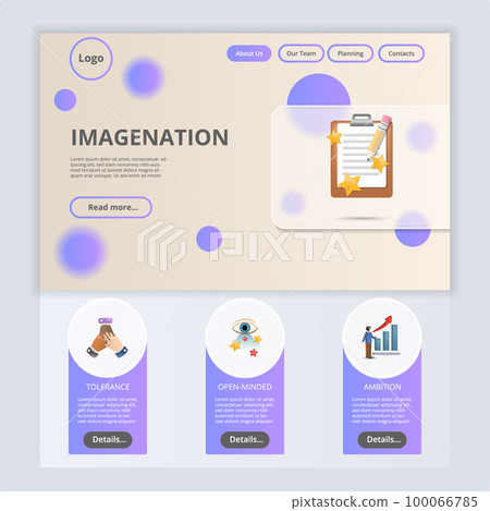 Imagination flat landing page website template. Tolerance, open-minded, ambition. Web banner with header, content and footer. Vector illustration. 100066785