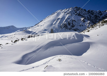 High Tatras in winter. Valley of Five Polish Pond with Kozi Wierch peak. High Tatras in winter. Valley of Five Polish Pond with Kozi Wierch peak. 100066860