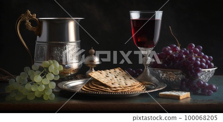 Festive Easter composition. Jewish Passover. Kosher food - unleavened matzah, a glass of red wine. Generative AI Festive Easter composition. Jewish Passover. Kosher food - unleavened matzah, a glass of red wine. Generative AI 100068205
