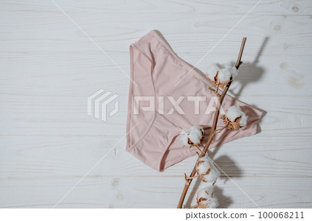 Pink underpants with cotton brunch on wooden background, closeup Pink underpants with cotton brunch on wooden background, closeup 100068211