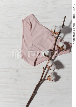 Pink underpants with cotton brunch on wooden background, closeup Pink underpants with cotton brunch on wooden background, closeup 100068212