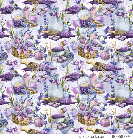 Handmade objects for SPA, bath reception, cosmetics. Watercolor illustration from a collection LAVENDER SPA. For fabric, textiles, advertising, decoration, prints, packaging paper, salon menu. Handmade objects for SPA, bath reception, cosmetics. Watercolor illustration from a collection LAVENDER SPA. For fabric, textiles, advertising, decoration, prints, packaging paper, salon menu. 100068779