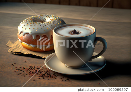 cup of latte and glazed donut on table, neural network generated art 100069297